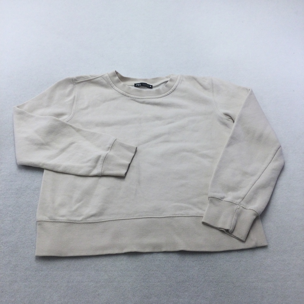 ZARA Sweatshirt Youth Small Beige Crewneck Fleece Pullover Basic Solid Casual